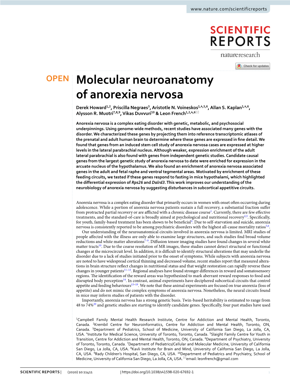 Molecular Neuroanatomy of Anorexia Nervosa Derek Howard1,2, Priscilla Negraes3, Aristotle N