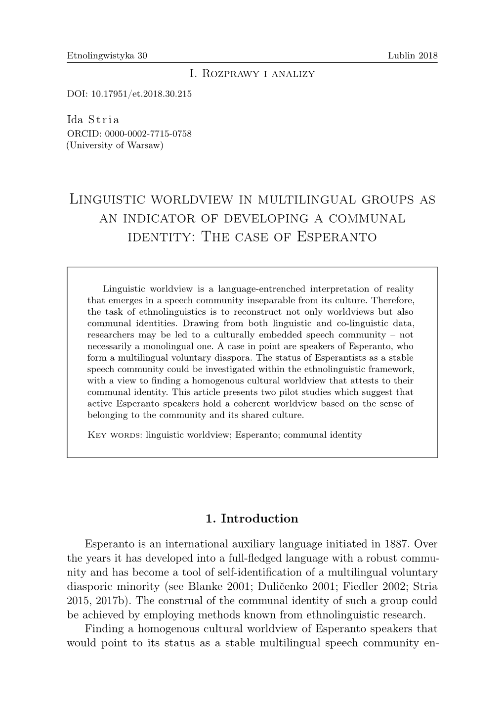 Linguistic Worldview in Multilingual Groups As an Indicator of Developing a Communal Identity: the Case of Esperanto