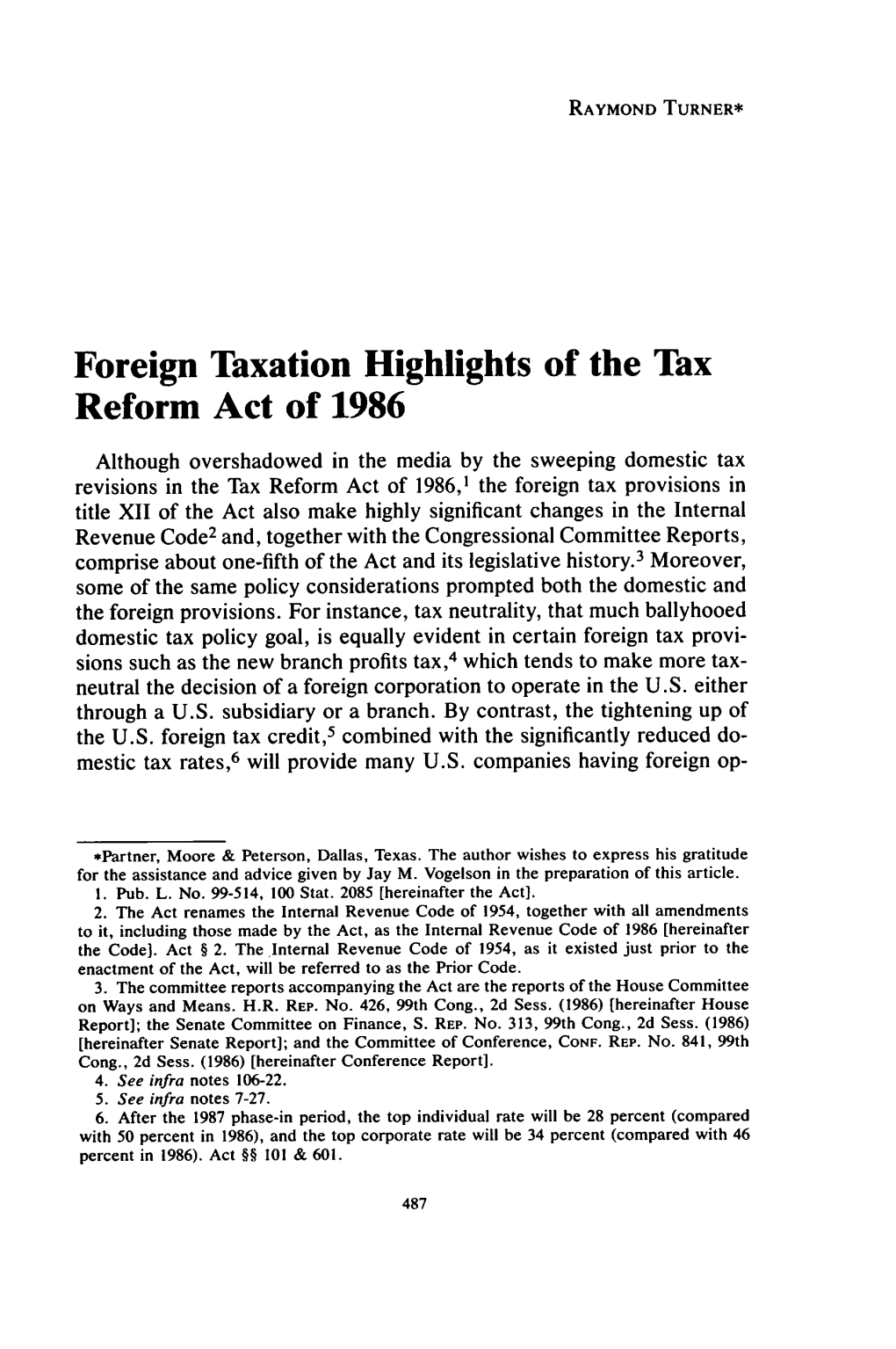 Foreign Taxation Highlights of the Tax Reform Act of 1986