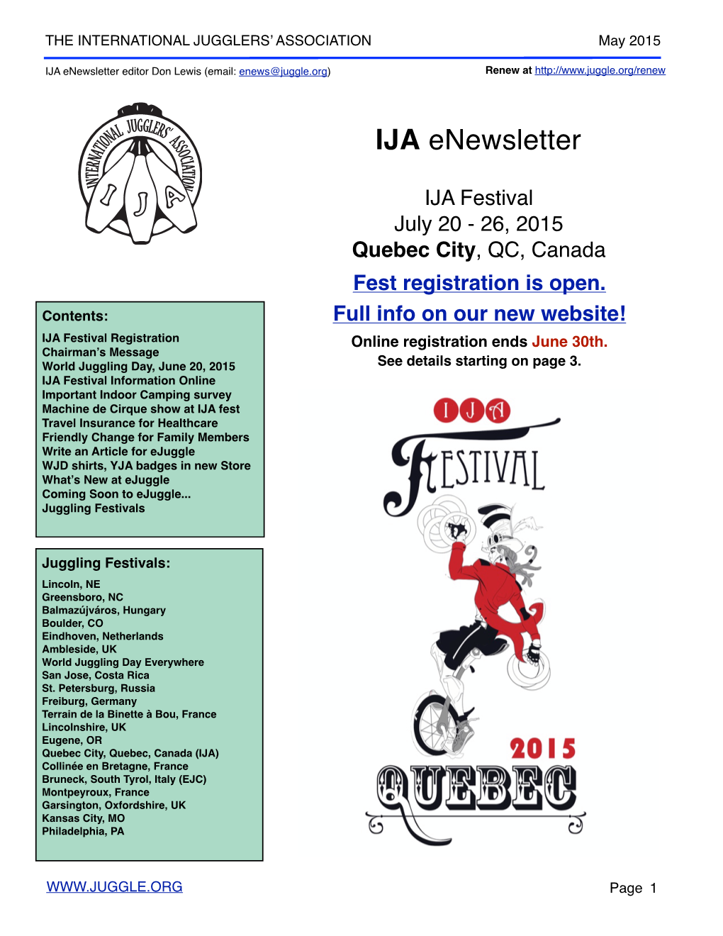 IJA Enewsletter Editor Don Lewis (Email: Enews@Juggle.Org) Renew At