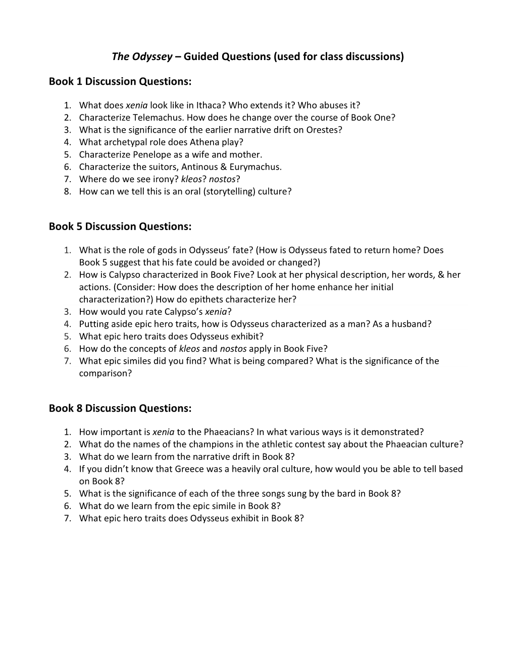 The Odyssey – Guided Questions (Used for Class Discussions)