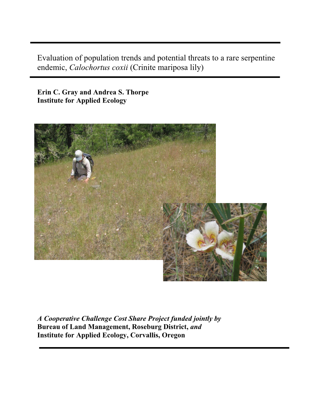 Evaluation of Population Trends and Potential Threats to a Rare Serpentine Endemic, Calochortus Coxii (Crinite Mariposa Lily)