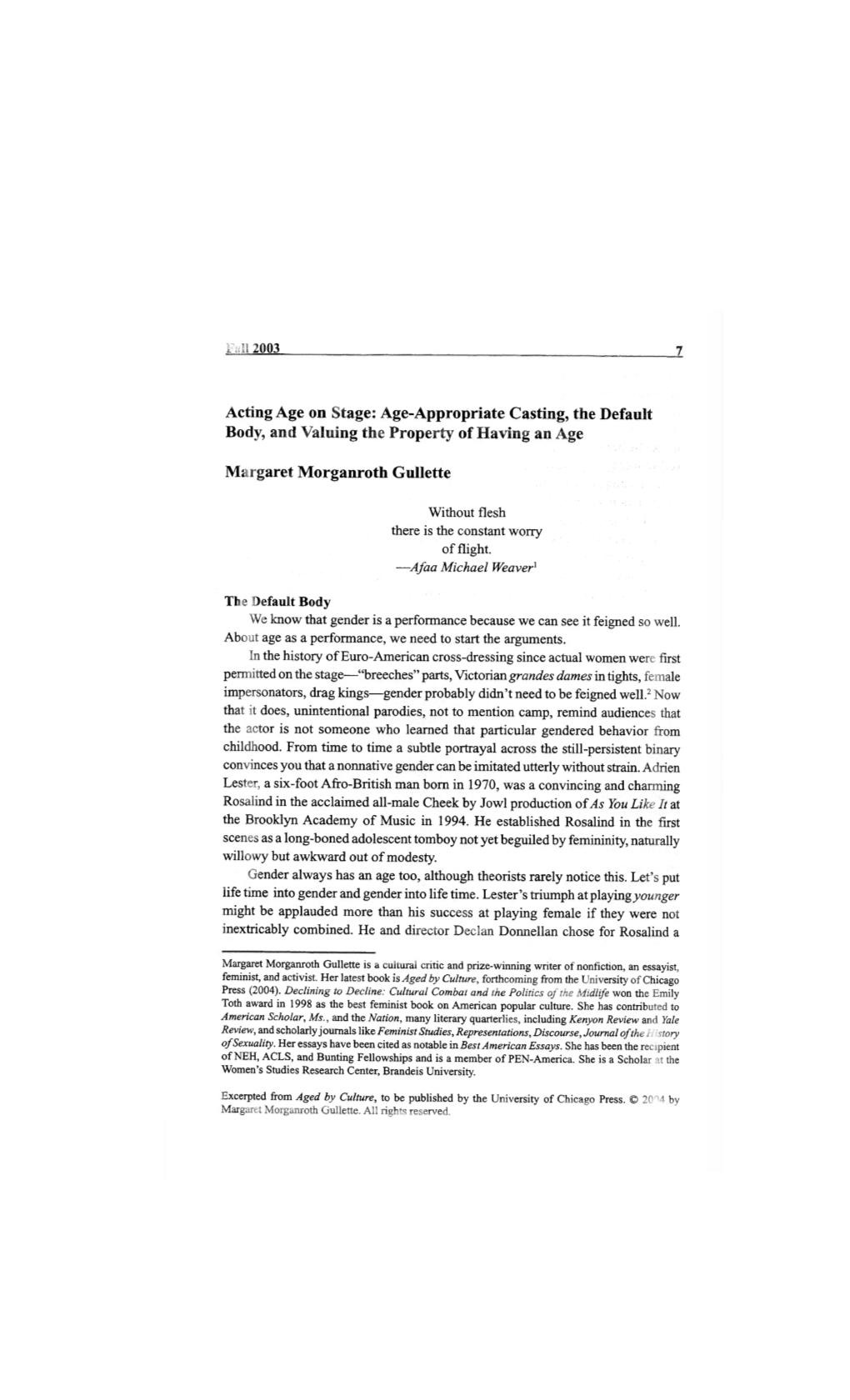 Acting Age on Stage: Age-Appropriate Casting, the Default Body, and Valuing the Property of Having an Age