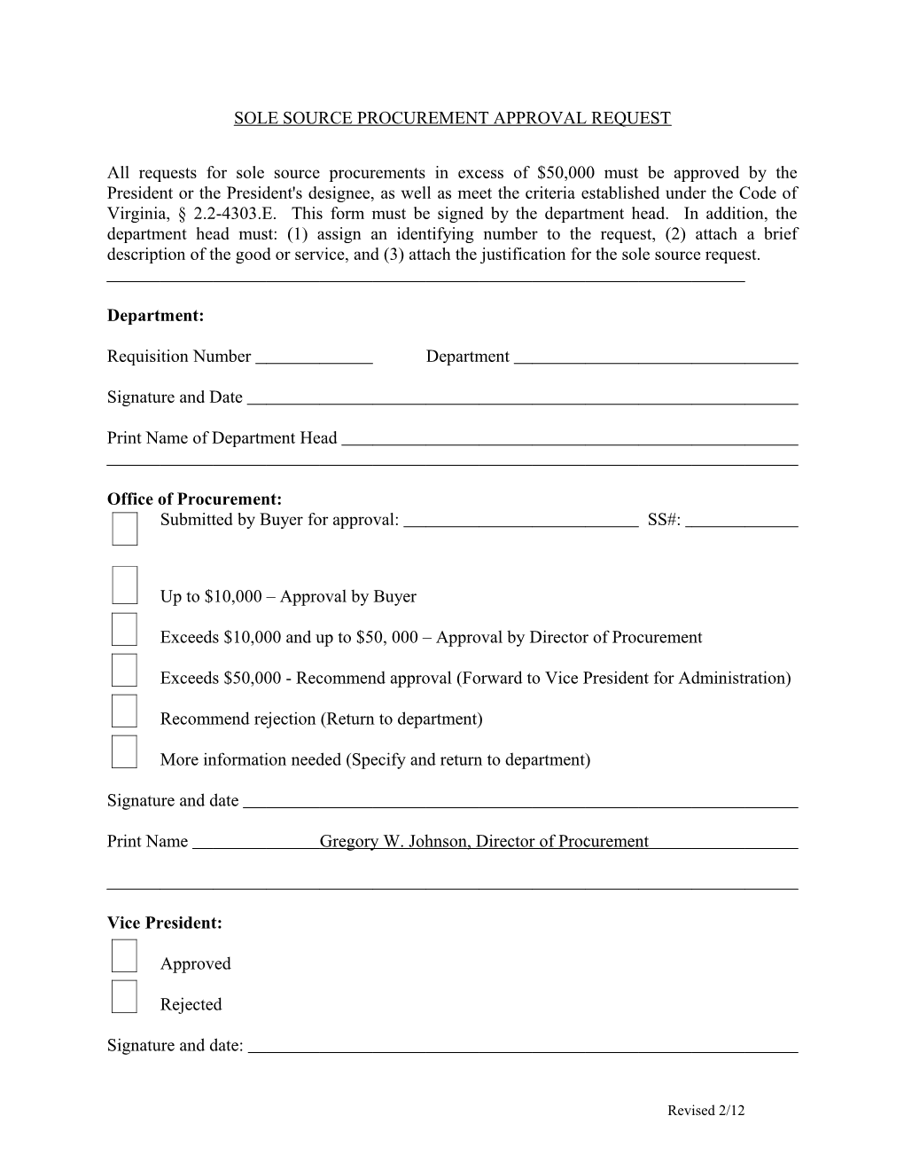 Sole Source Procurement Approval Request