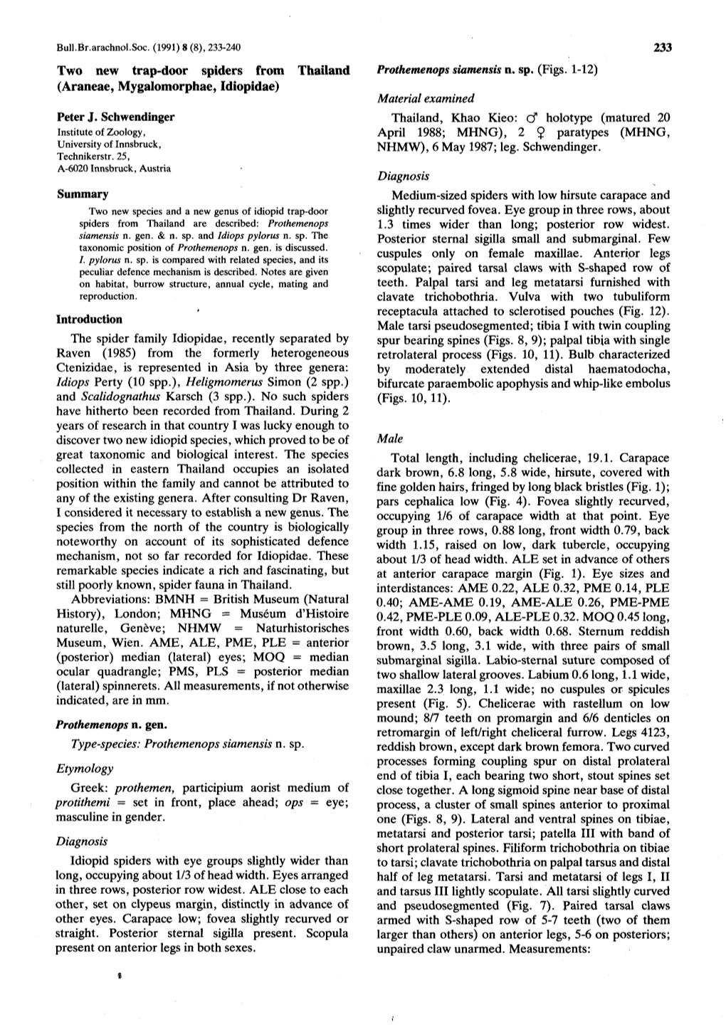 Two New Trap-Door Spiders from Thailand Araneae Mygalomorphae