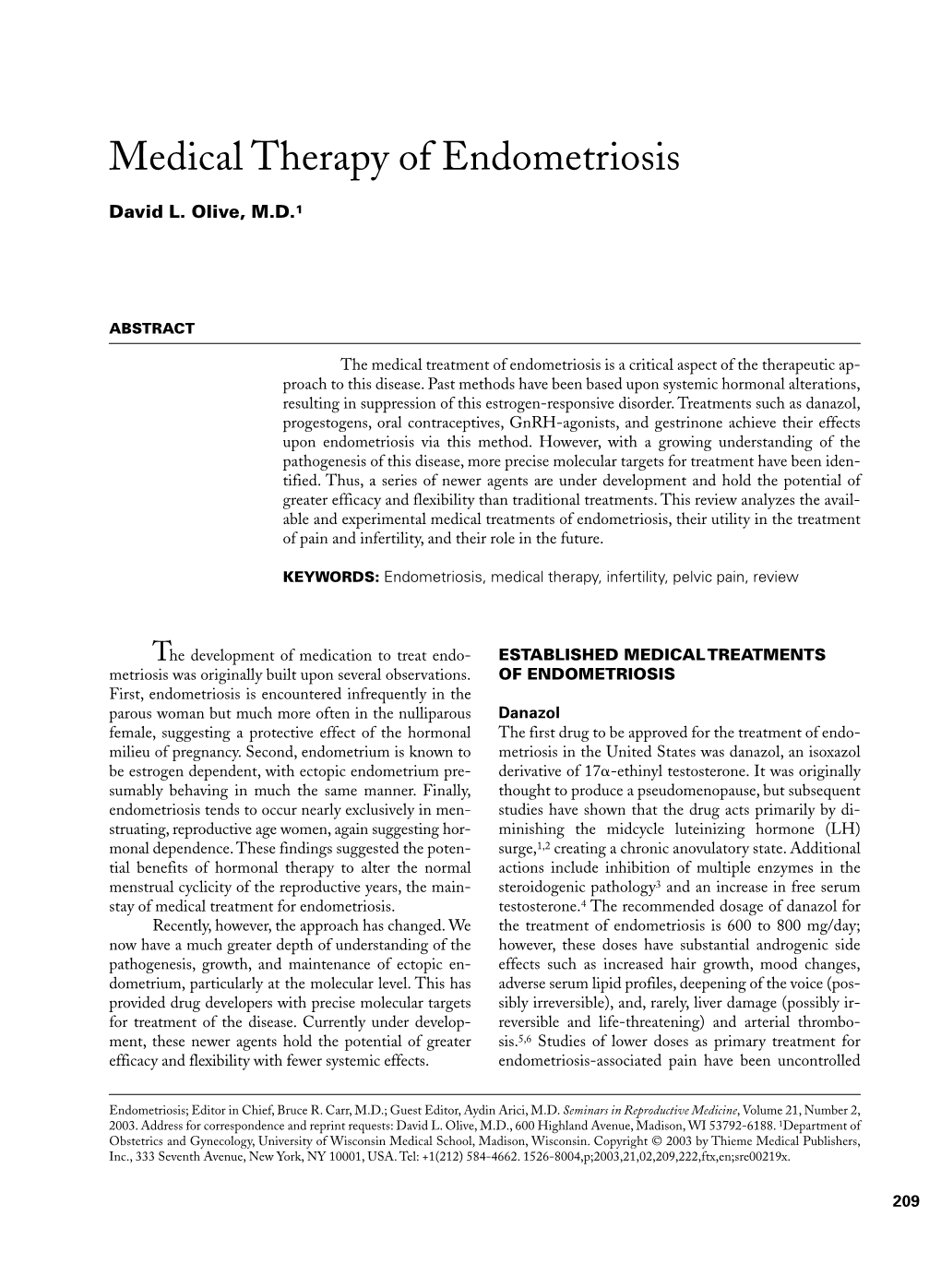 Medical Therapy of Endometriosis