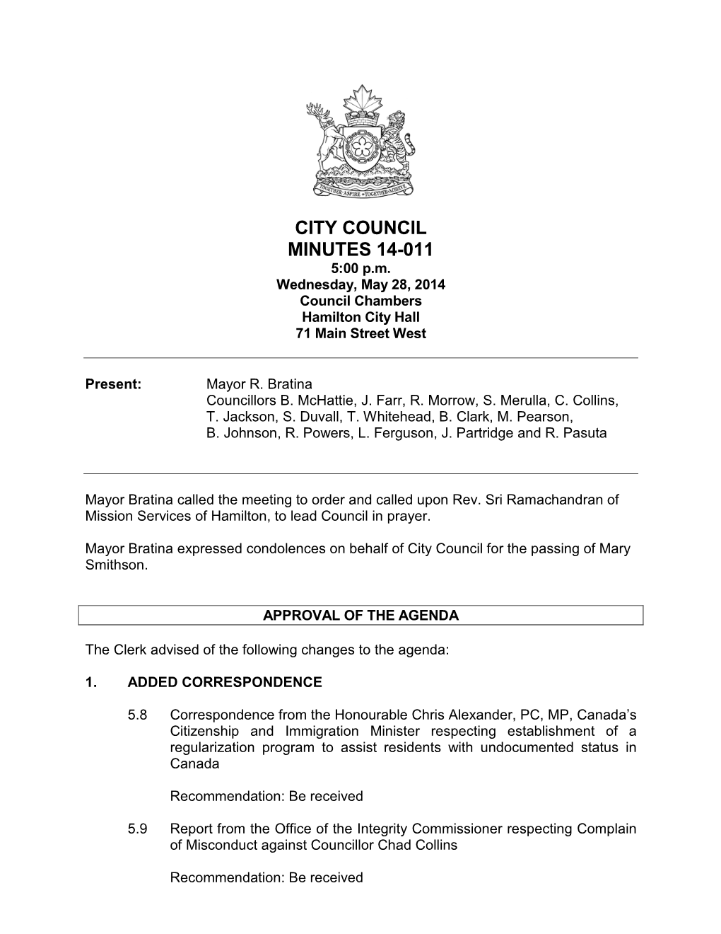 May 28, 2014 Council Minutes 14-011 Including