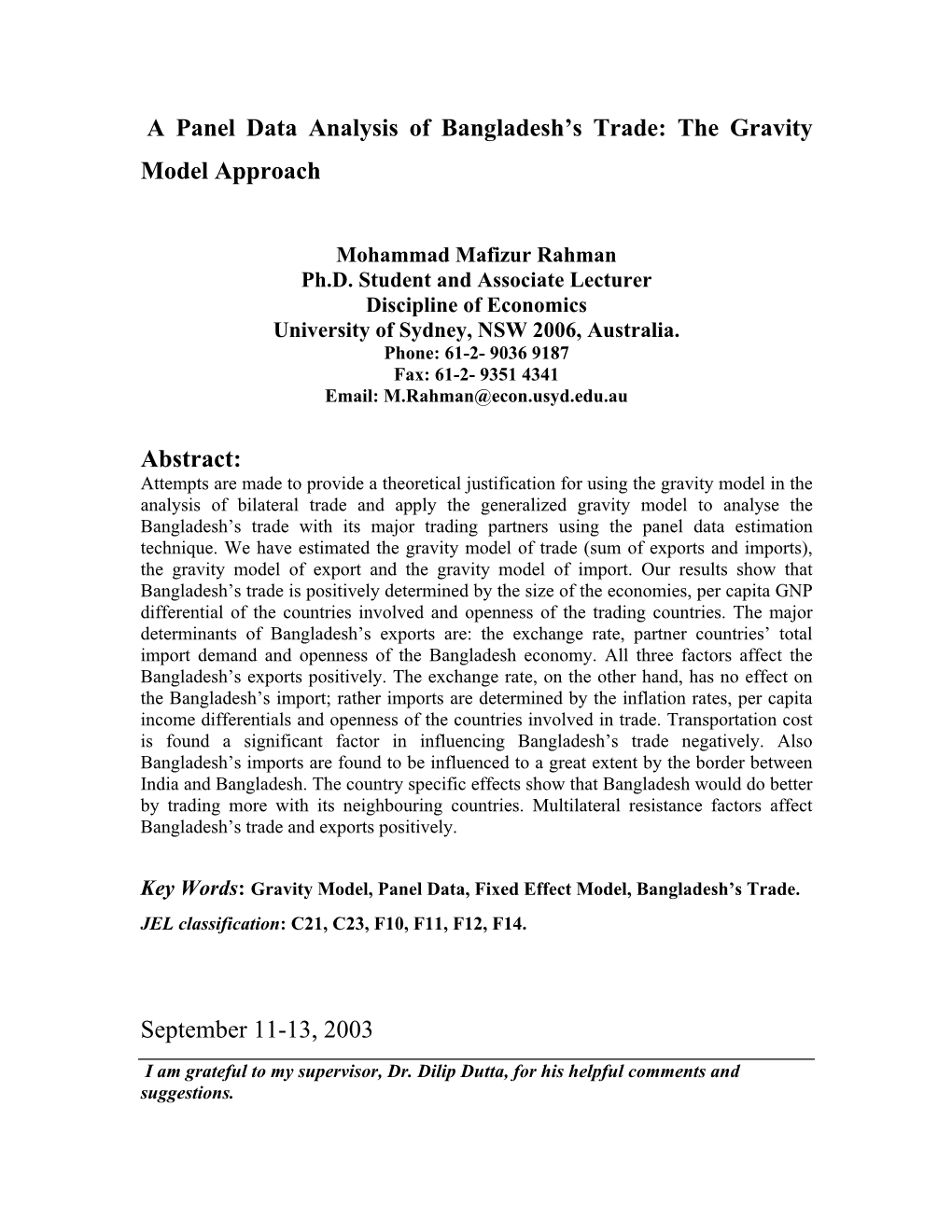 A Panel Data Analysis of Bangladesh's Trade: the Gravity