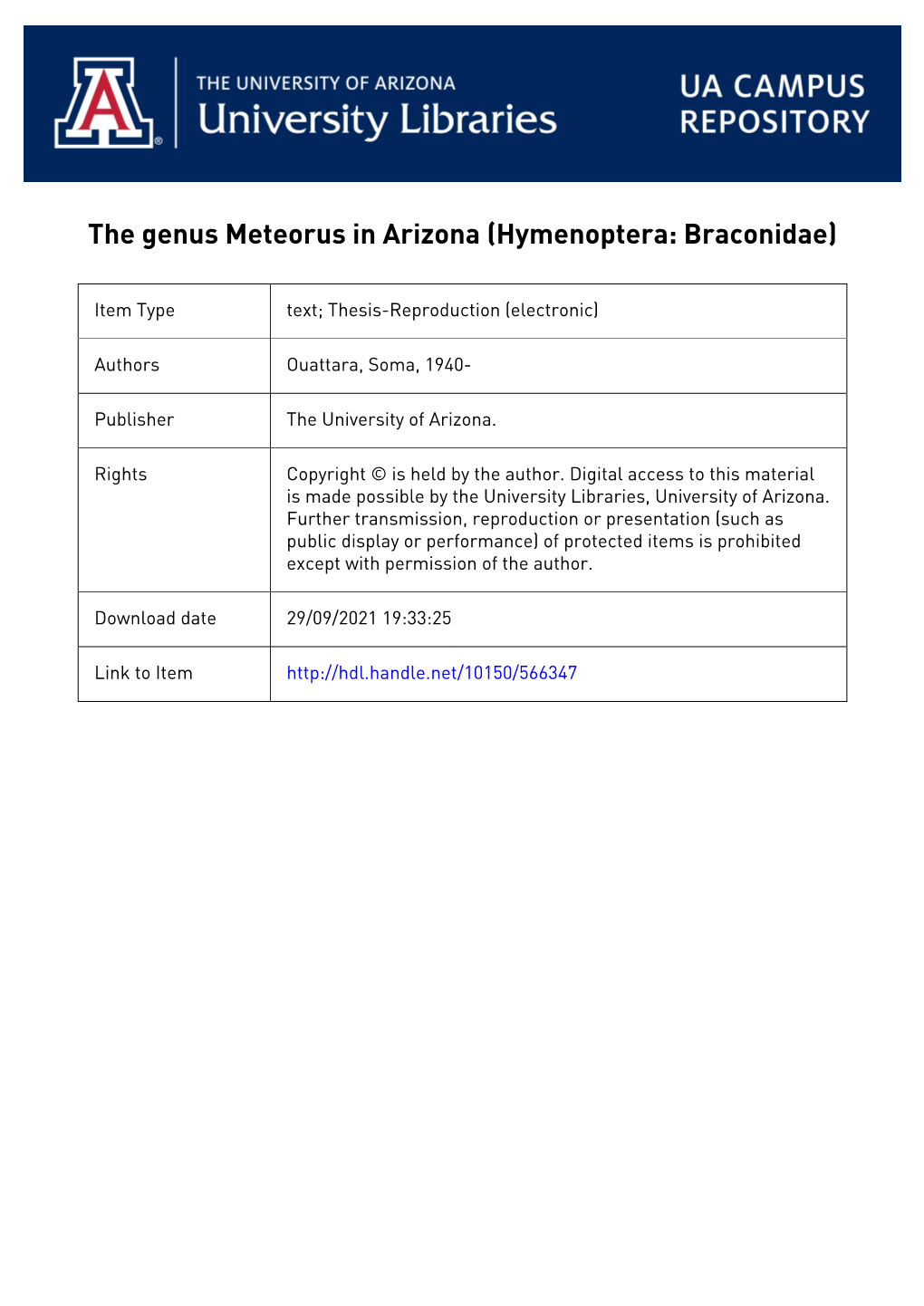 The Genus Meteorus in Arizona (Hymenoptera: Braconidae)