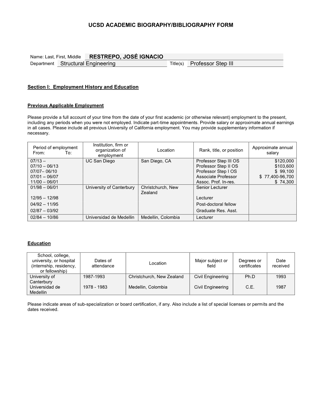 UCSD Academic Biography and Bibliography