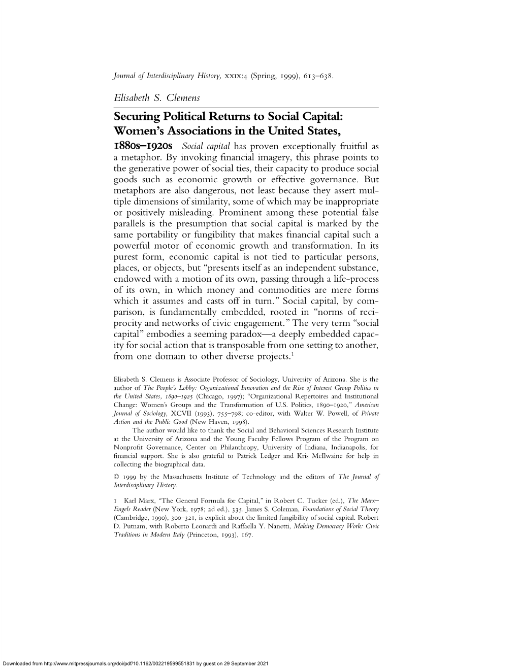 Securing Political Returns to Social Capital: Women's Associations In