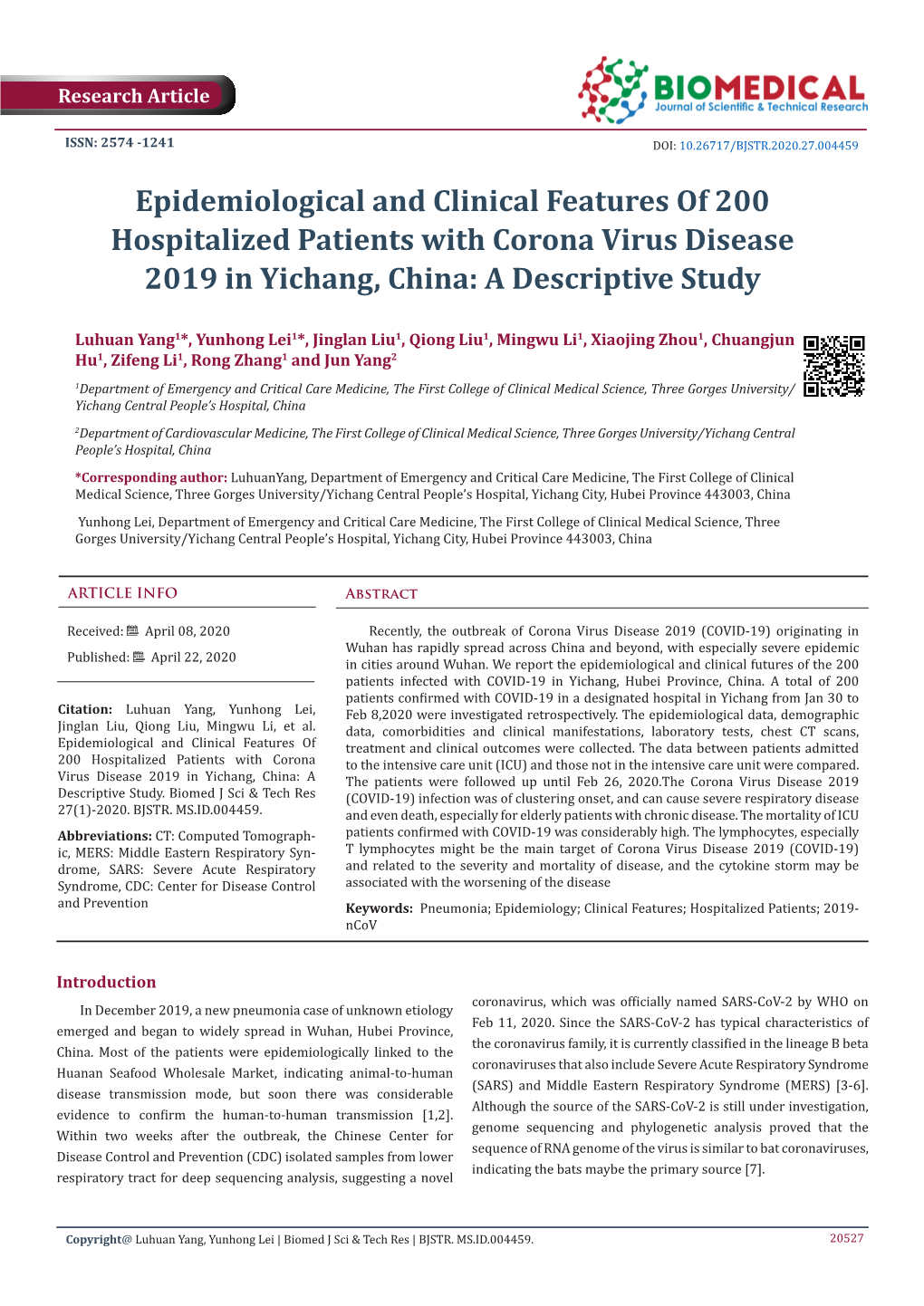 Epidemiological and Clinical Features of 200 Hospitalized Patients with Corona Virus Disease 2019 in Yichang, China: a Descriptive Study