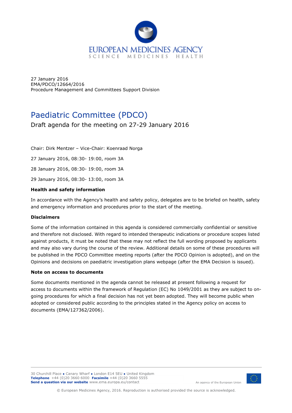 Agenda of PDCO Meeting of 27-29 January 2016