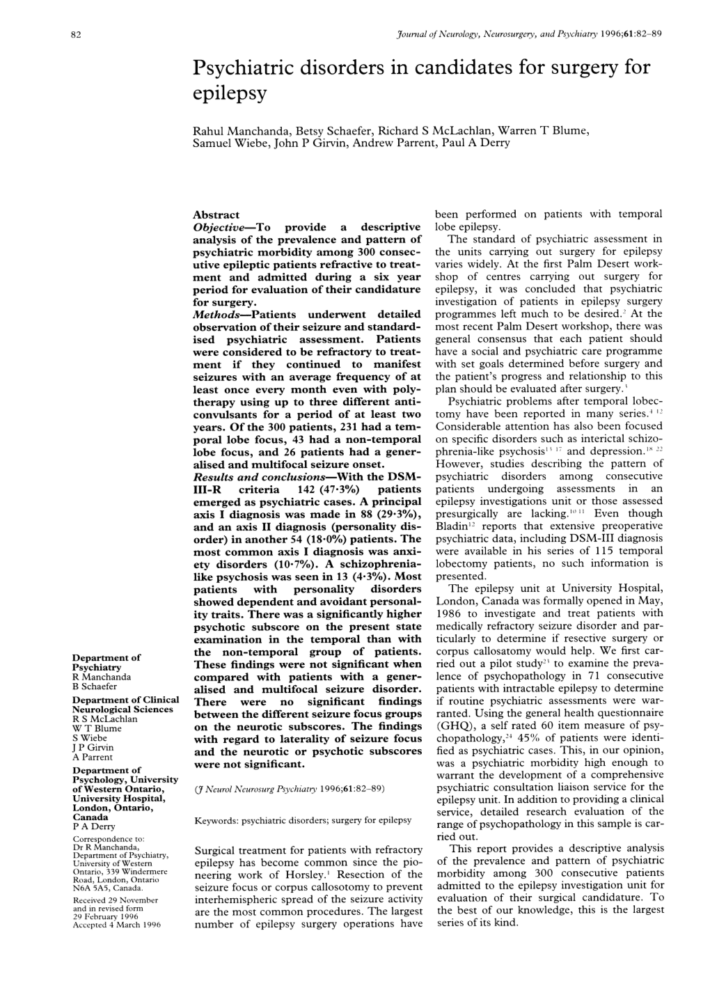 Psychiatric Disorders in Candidatesfor Surgery for Epilepsy