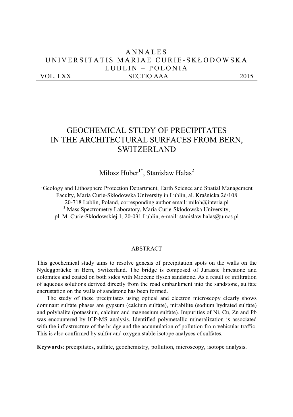 Geochemical Study of Precipitates in the Architectural Surfaces from Bern, Switzerland