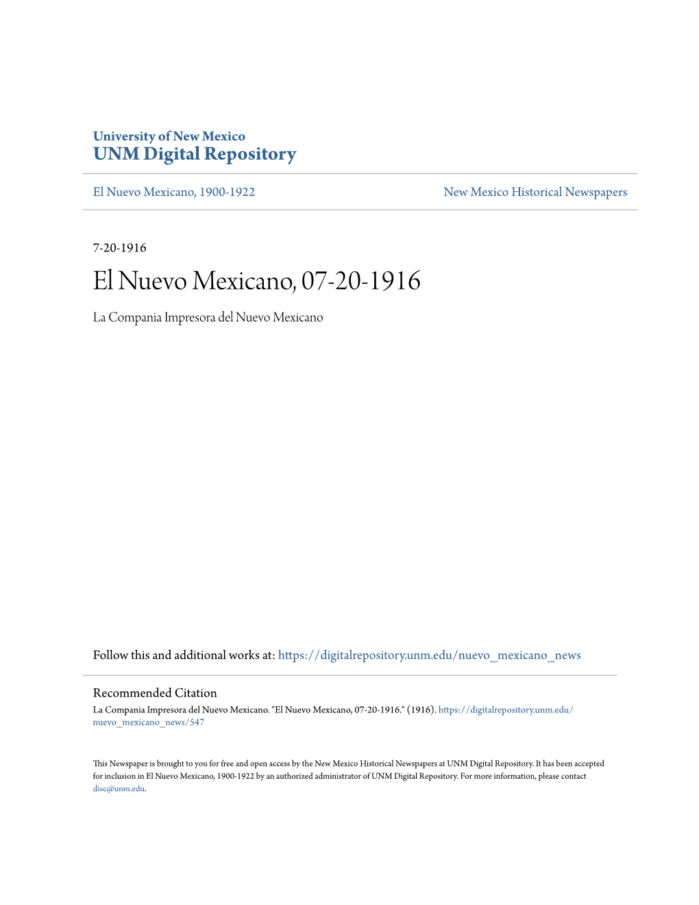 El Nuevo Mexicano, 07-20-1916 La Compania Impresora Del Nuevo Mexicano