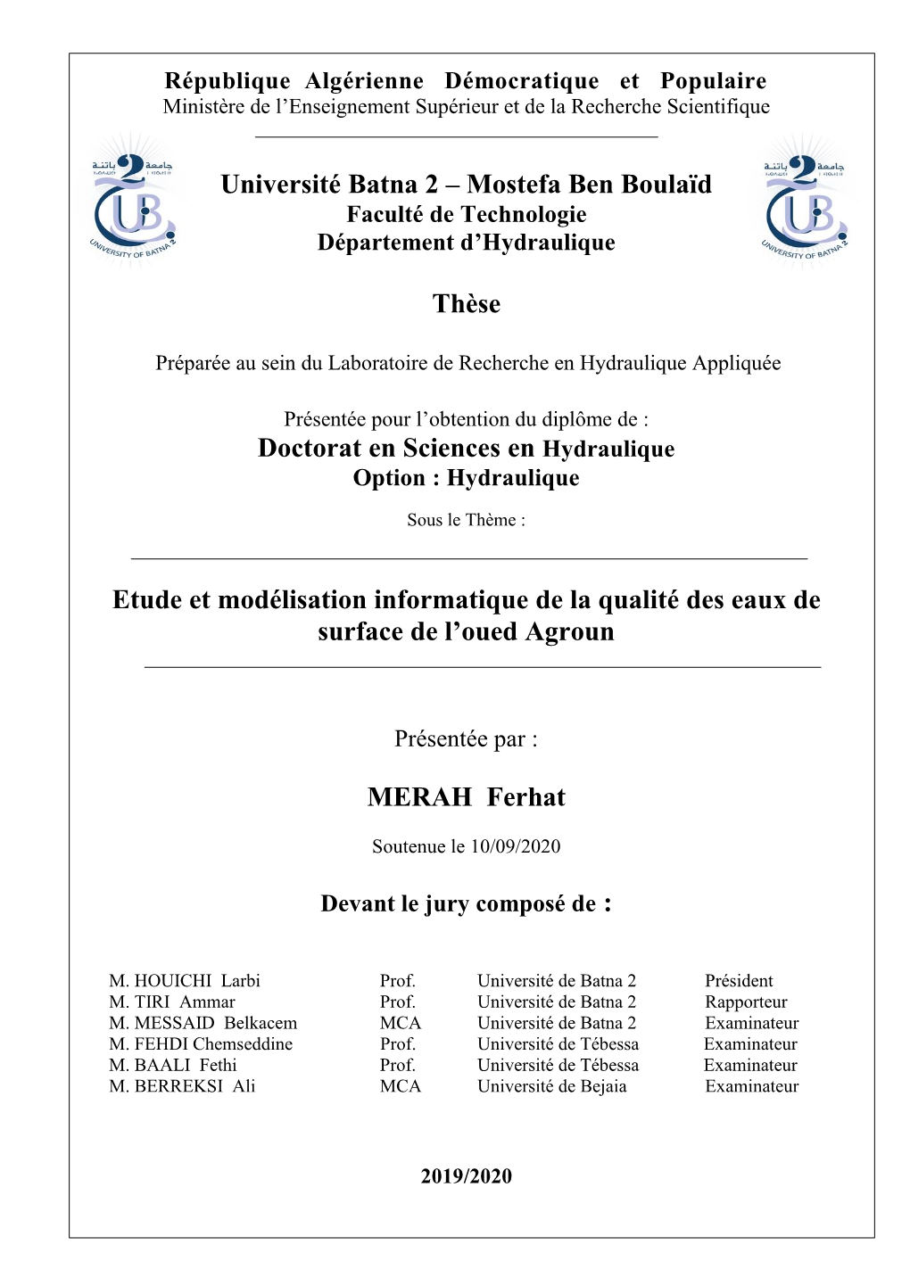 Université Batna 2 – Mostefa Ben Boulaïd Thèse Doctorat En Sciences En Hydraulique Etude Et Modélisation Informatique De L