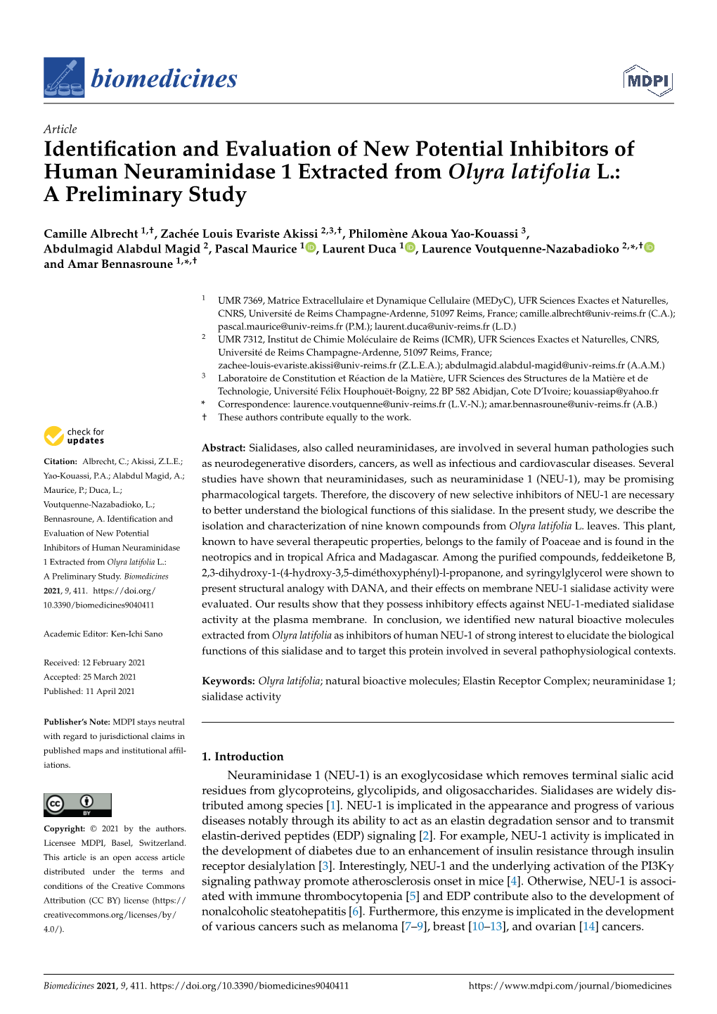 Identification and Evaluation of New Potential Inhibitors of Human Neuraminidase 1 Extracted from Olyra Latifolia L.: a Prelimin