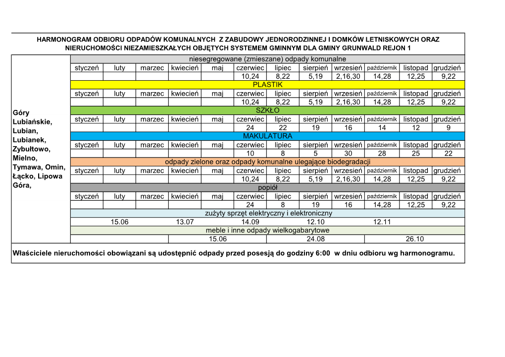 Harmonogram Odbioru Odpadów Komunalnych- Gmina Grunwald