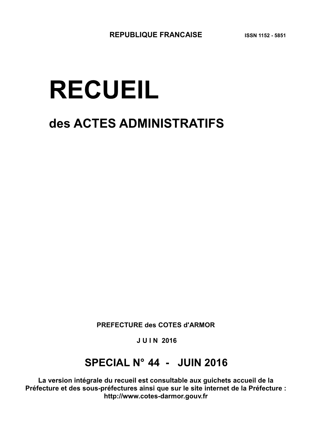 Recueil Spécial N°44 Du 17 Juin 2016