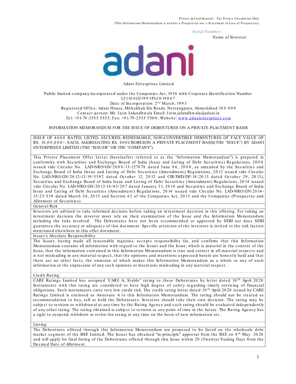 Adani Enterprises Limited Public Limited Company Incorporated Under the Companies Act, 1956