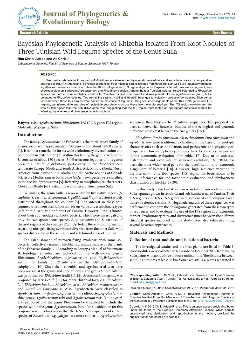 Bayesian Phylogenetic Analysis of Rhizobia Isolated from Root