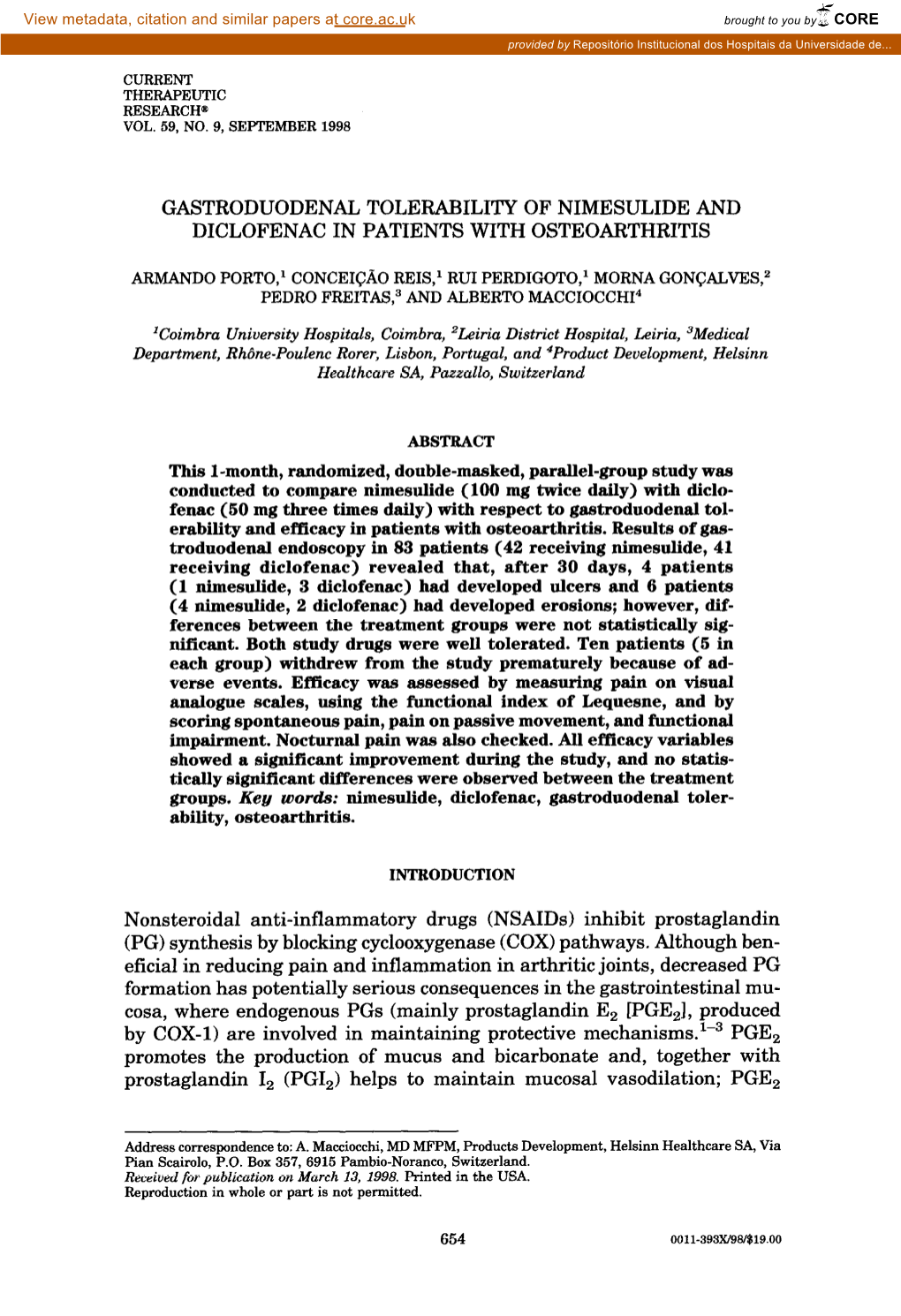 Gastroduodenal Tolerability of Nimesulide and Diclofenac in Patients with Osteoarthritis