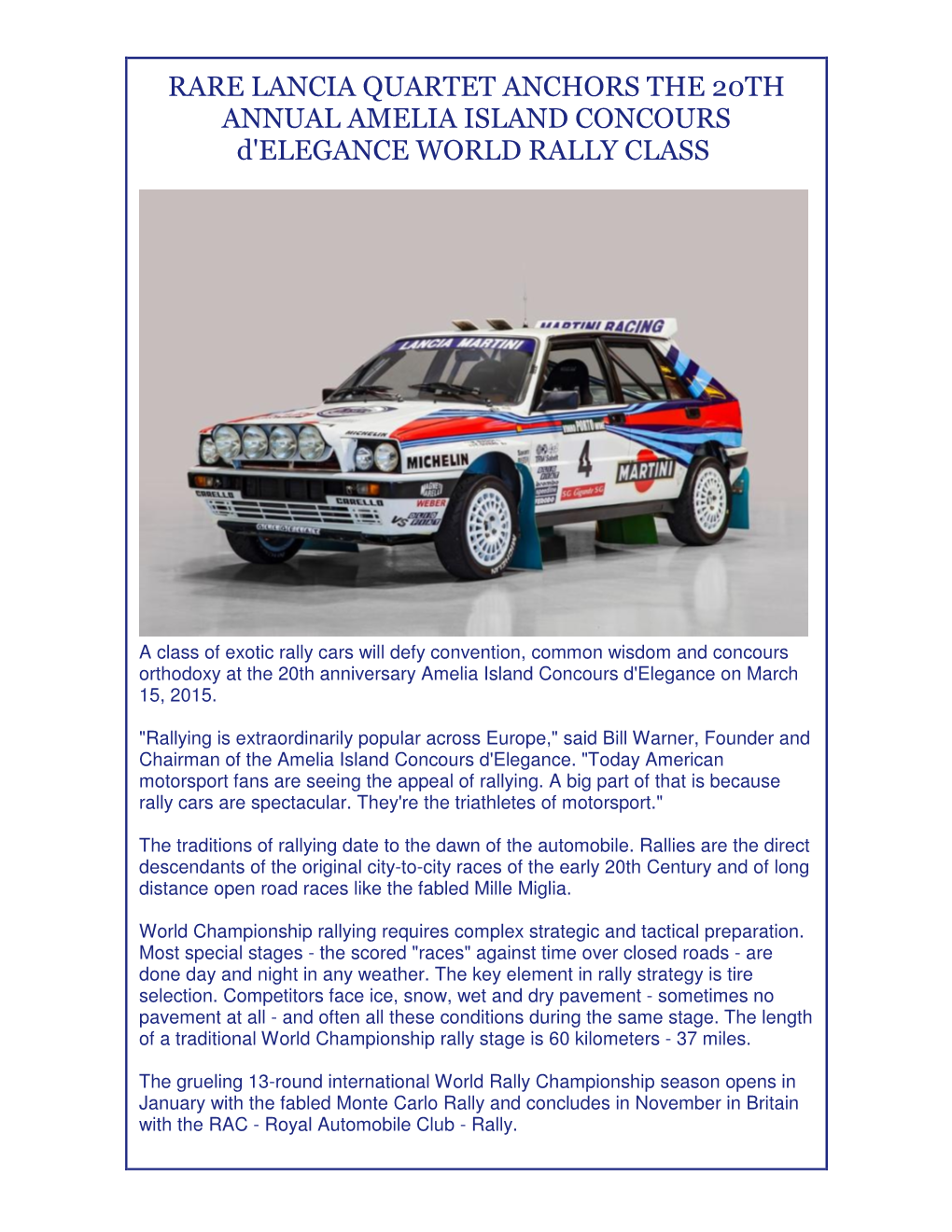 RARE LANCIA QUARTET ANCHORS the 20TH ANNUAL AMELIA ISLAND CONCOURS D'elegance WORLD RALLY CLASS