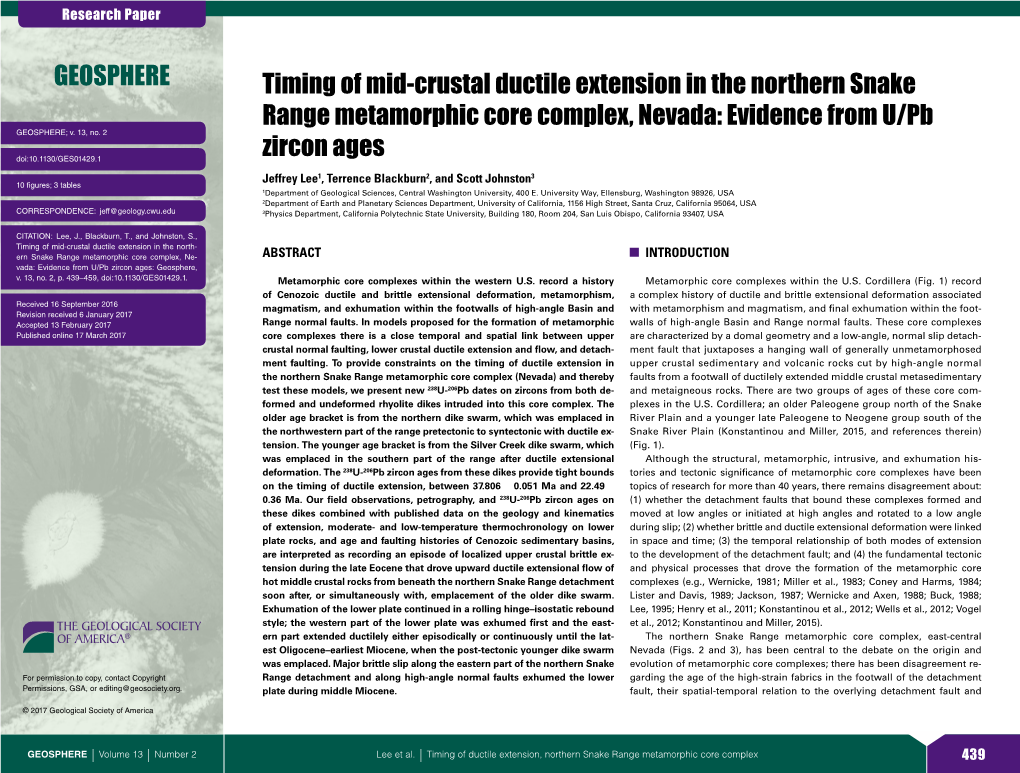 Timing of Mid-Crustal Ductile Extension in the Northern Snake Range Metamorphic Core Complex, Nevada: Evidence from U/Pb GEOSPHERE; V