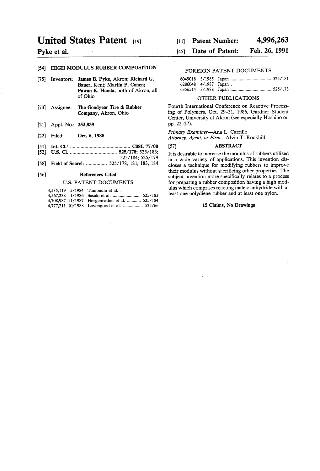 United States Patent (19) (11) Patent Number: 4,996,263 Pyke Et Al