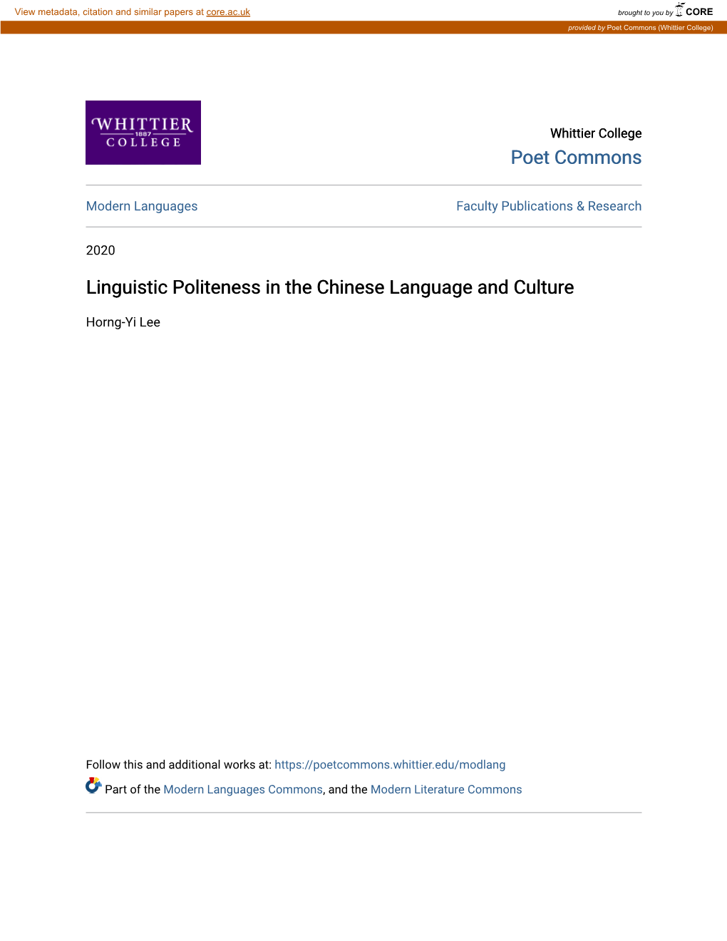 Linguistic Politeness in the Chinese Language and Culture