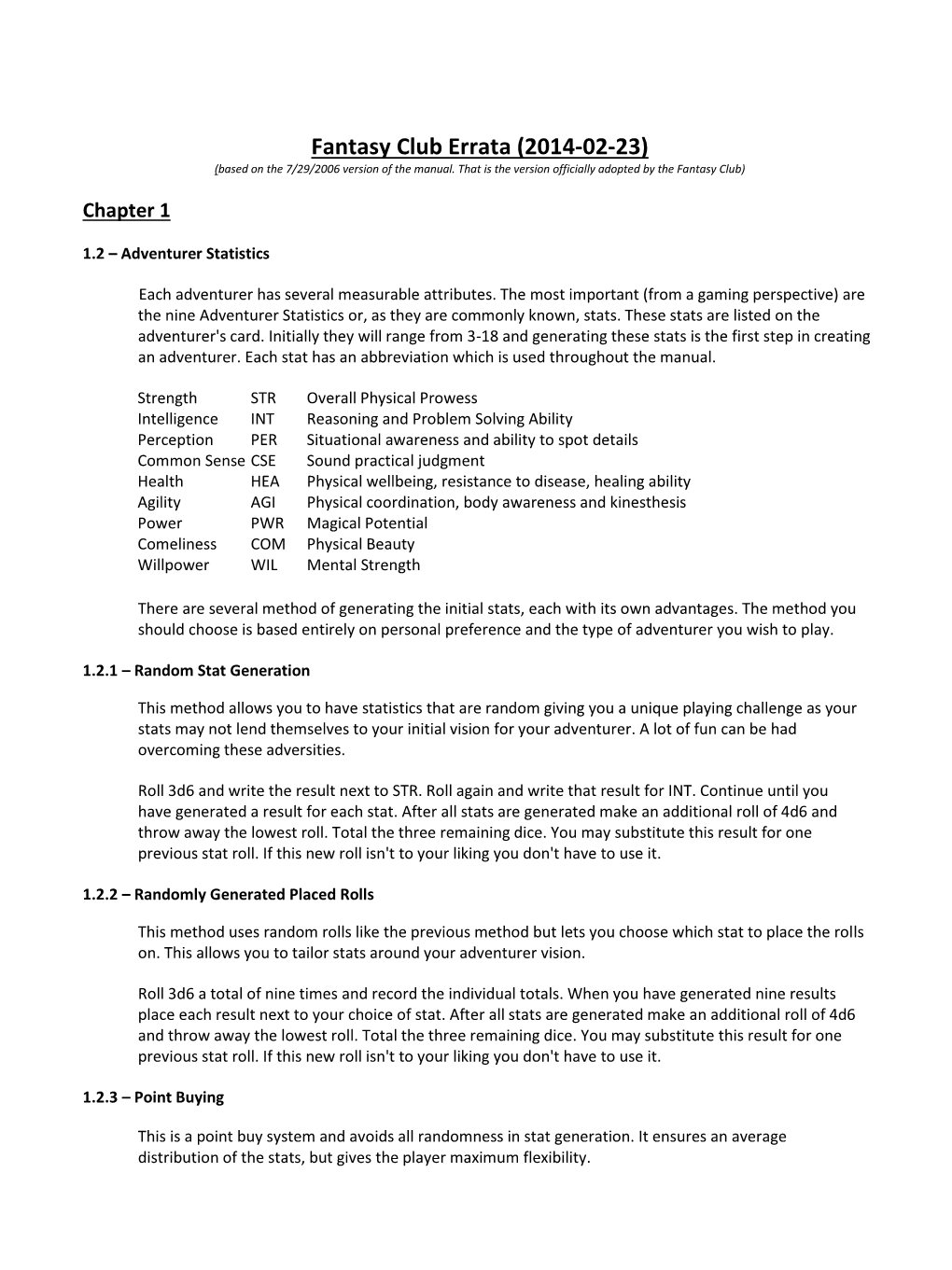 Fantasy Club Errata (2014-02-23) (Based on the 7/29/2006 Version of the Manual