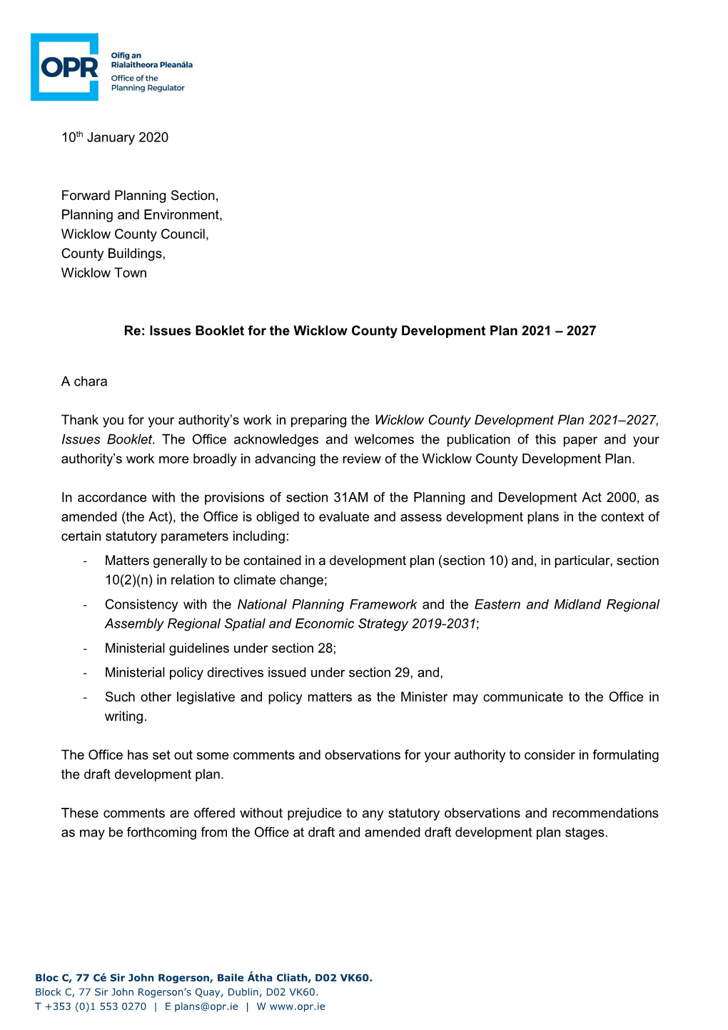 10Th January 2020 Forward Planning Section, Planning and Environment, Wicklow County Council, County Buildings, Wicklow Town