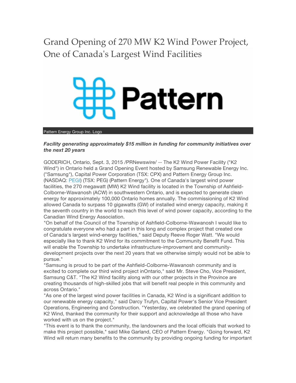 Pattern Energy SEP 3 2015 K2 Wind PR.Pdf