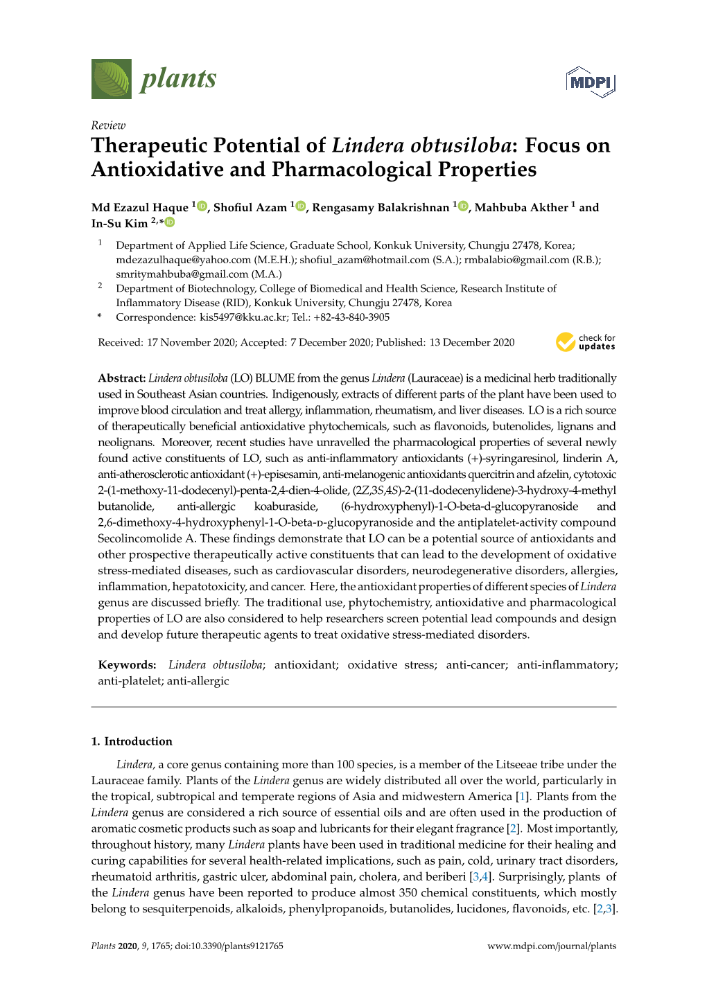 Therapeutic Potential of Lindera Obtusiloba: Focus on Antioxidative and Pharmacological Properties