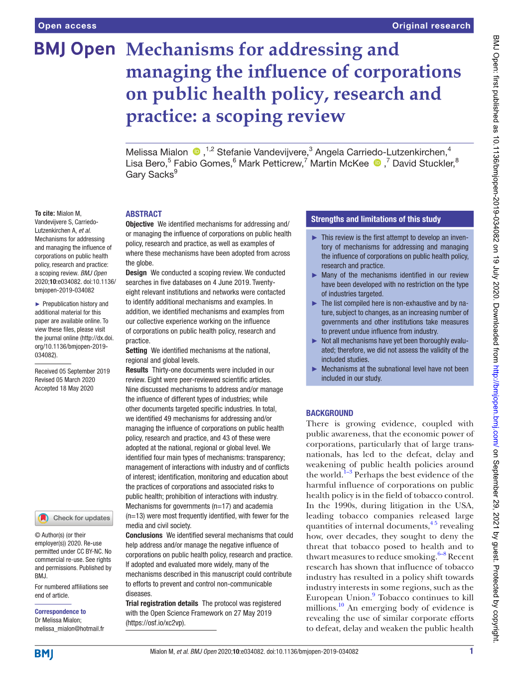 Mechanisms for Addressing and Managing the Influence of Corporations on Public Health Policy, Research and Practice: a Scoping Review