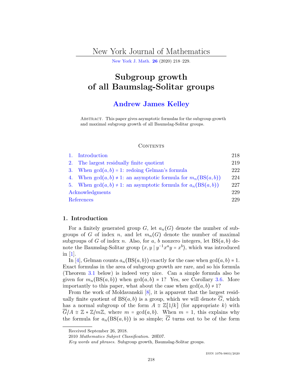 New York Journal of Mathematics Subgroup Growth of All Baumslag