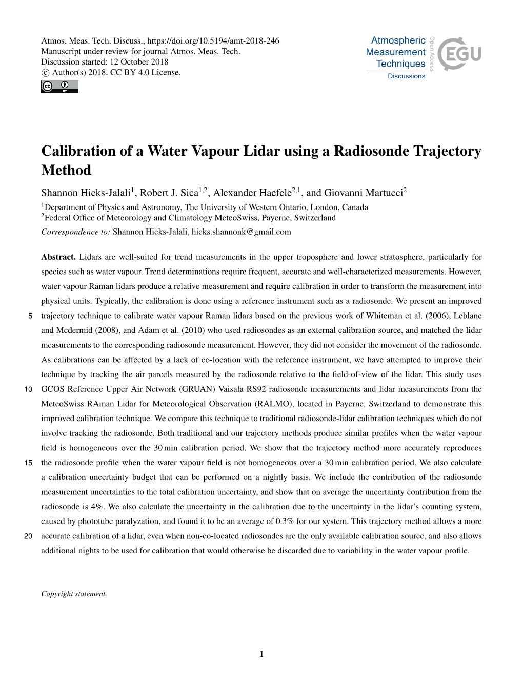 Calibration of a Water Vapour Lidar Using a Radiosonde Trajectory Method Shannon Hicks-Jalali1, Robert J