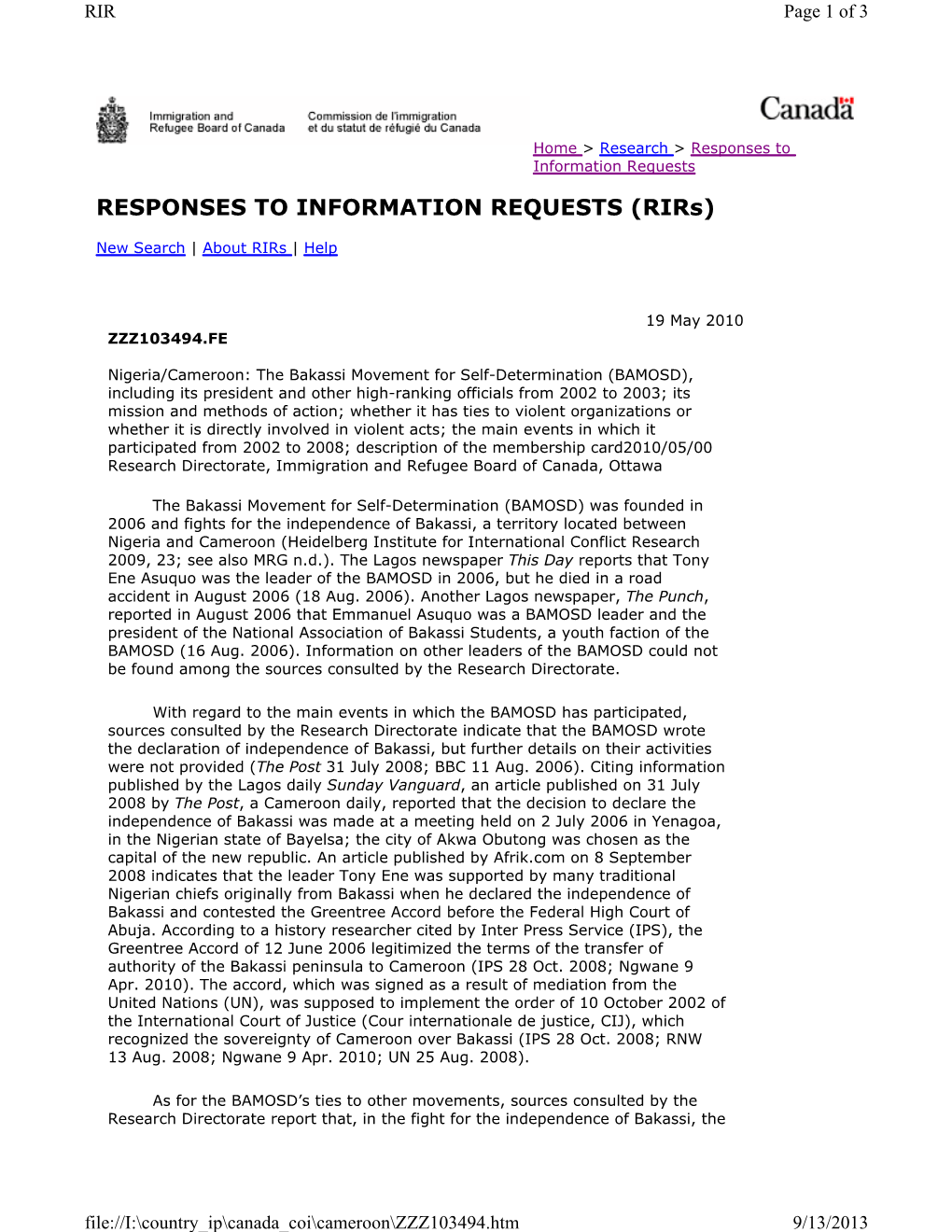 RESPONSES to INFORMATION REQUESTS (Rirs)