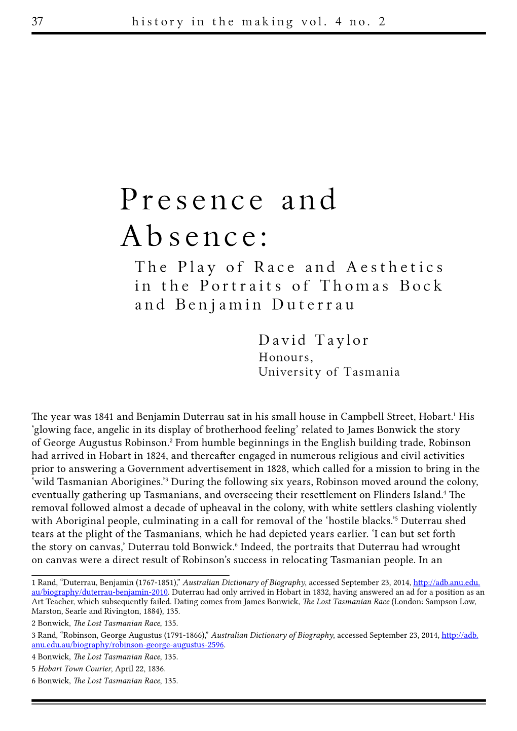 Presence and Absence: the Play of Race and Aesthetics in the Portraits of Thomas Bock and Benjamin Duterrau