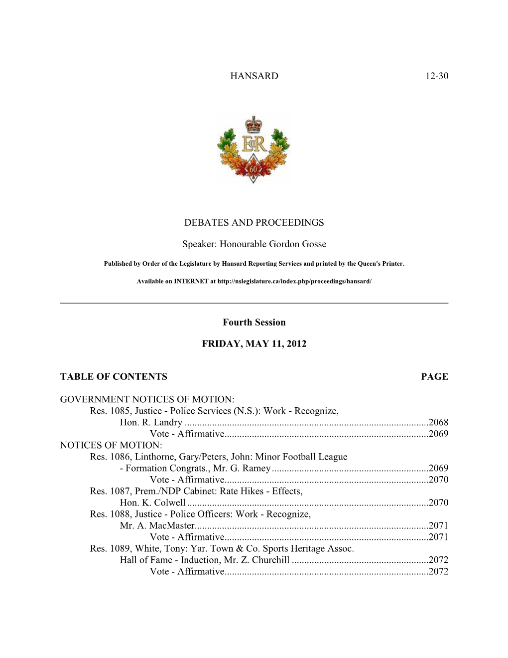 HANSARD 12-30 DEBATES and PROCEEDINGS Speaker