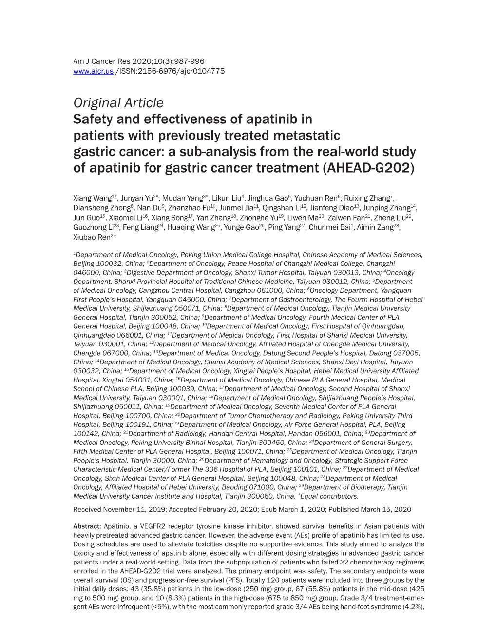 Original Article Safety and Effectiveness of Apatinib in Patients with Previously Treated Metastatic Gastric Cancer: a Sub-Ana