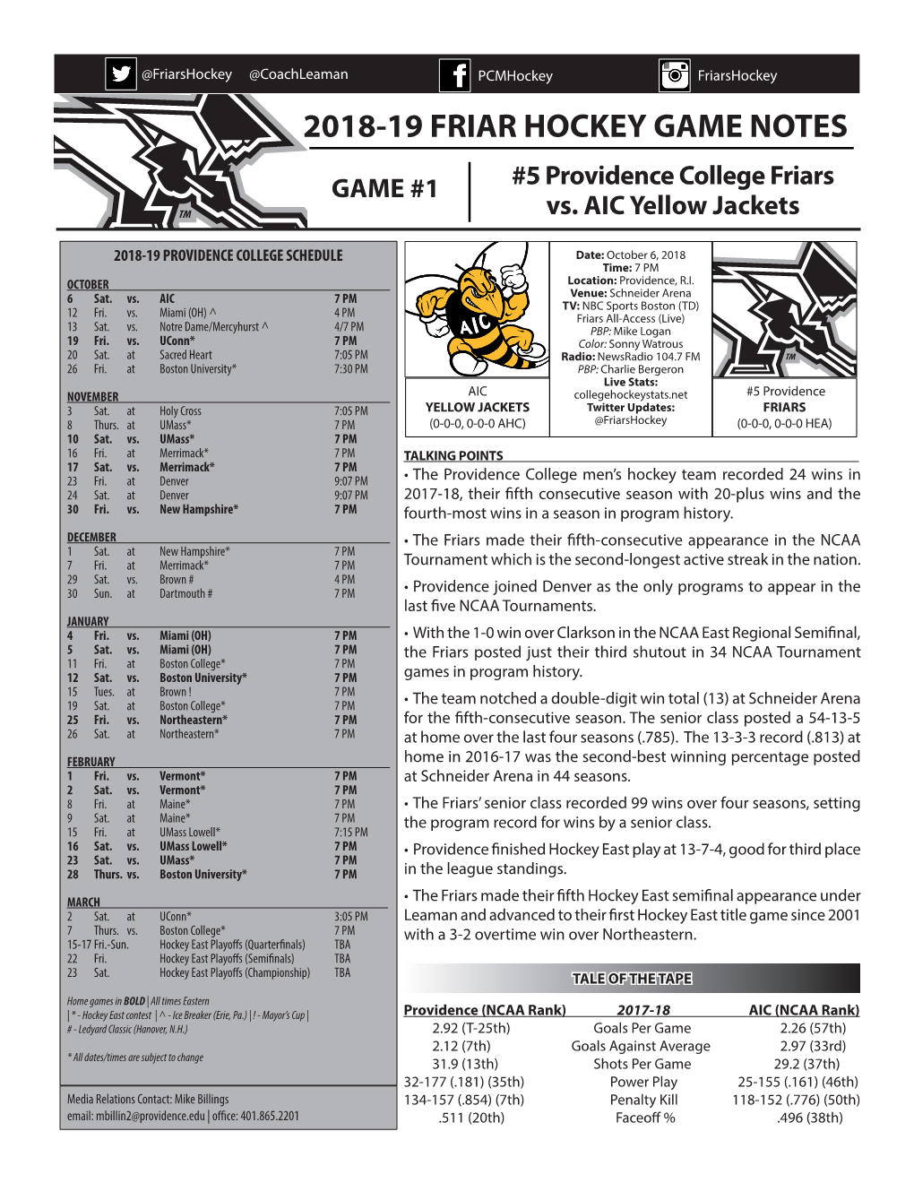 2018-19 Friar Hockey Game Notes