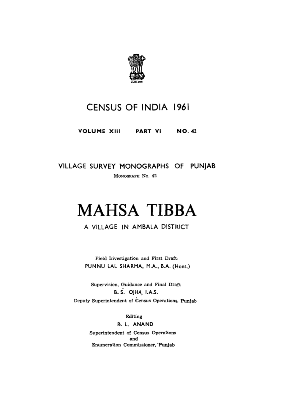 Village Survey Monographs of Punjab, Mahsa Tibba, Part VI