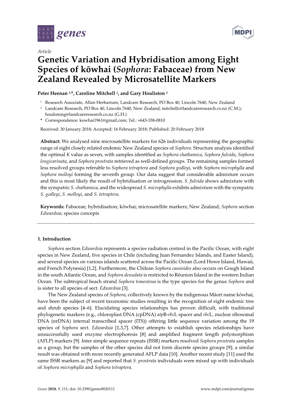 Genetic Variation and Hybridisation Among Eight Species of Kōwhai (Sophora: Fabaceae) from New Zealand Revealed by Microsatellite Markers