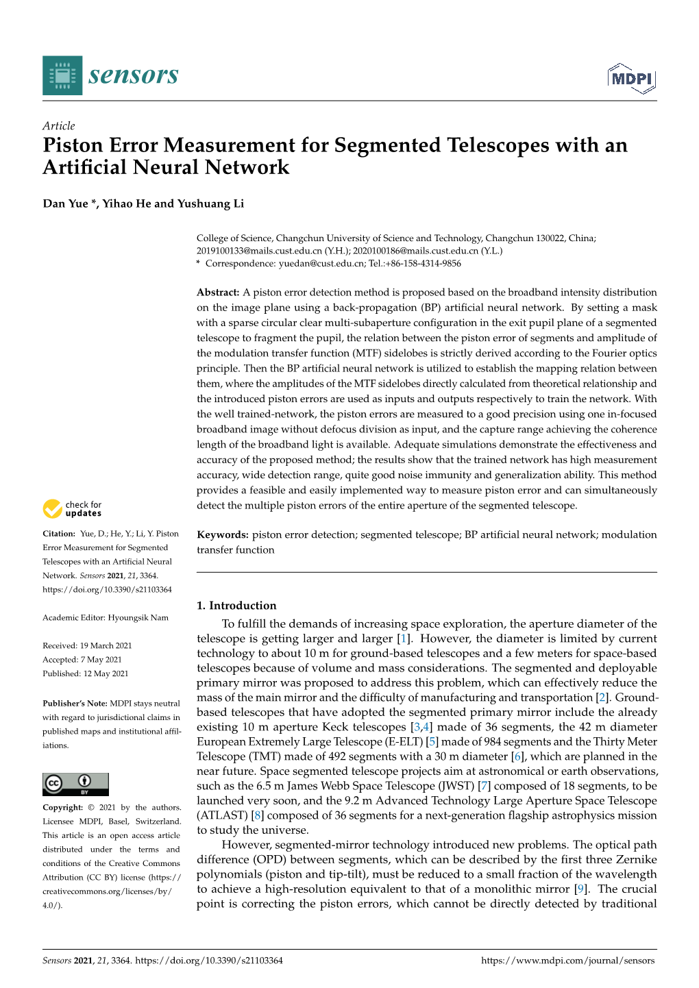 Piston Error Measurement for Segmented Telescopes with an Artificial Neural Network