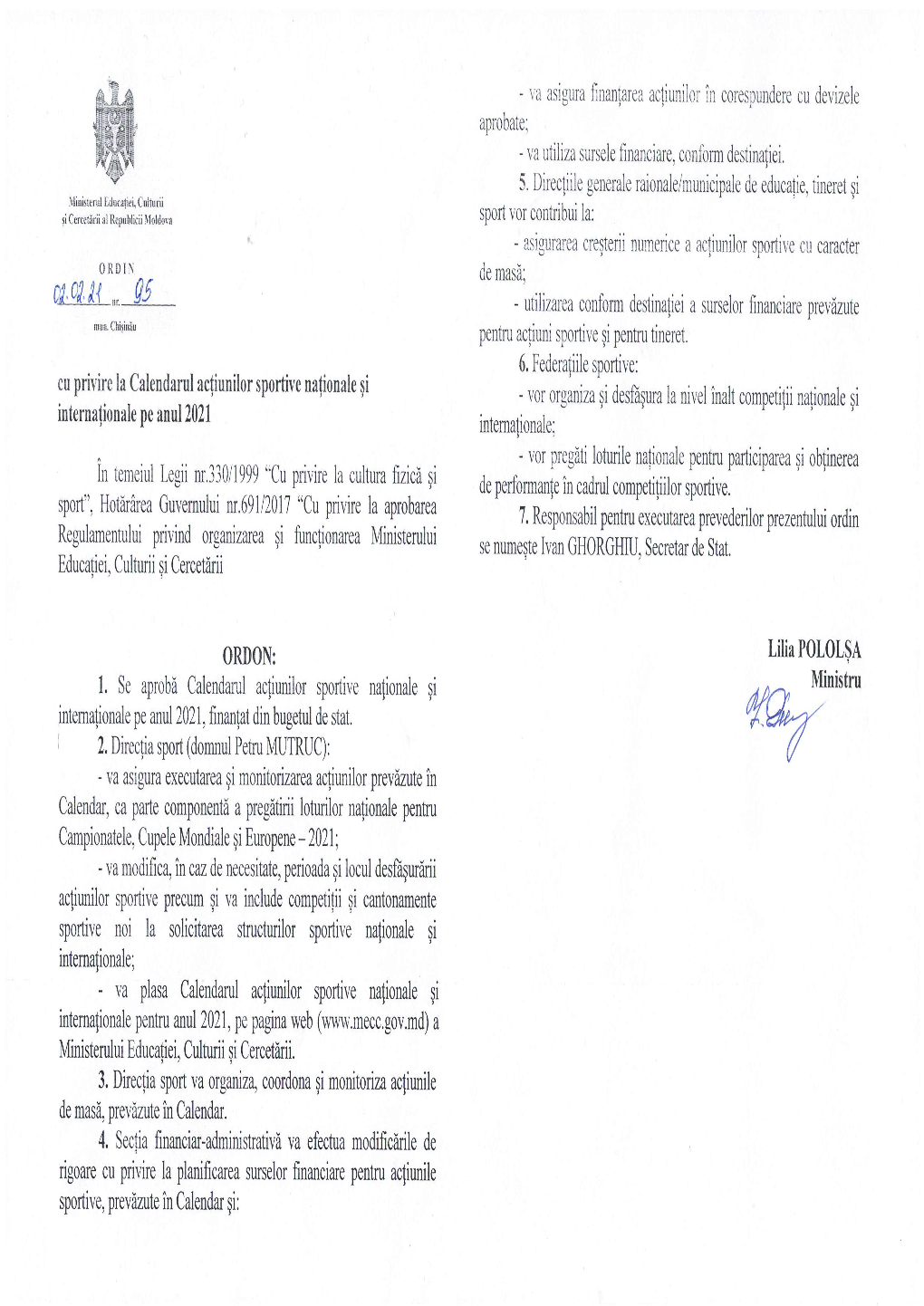 Calendarul Acțiunilor Sportive Naționale Și Internaționale Pe Anul 2021 Este Elaborat În Baza Propunerilor Federațiilor Sportive Naționale