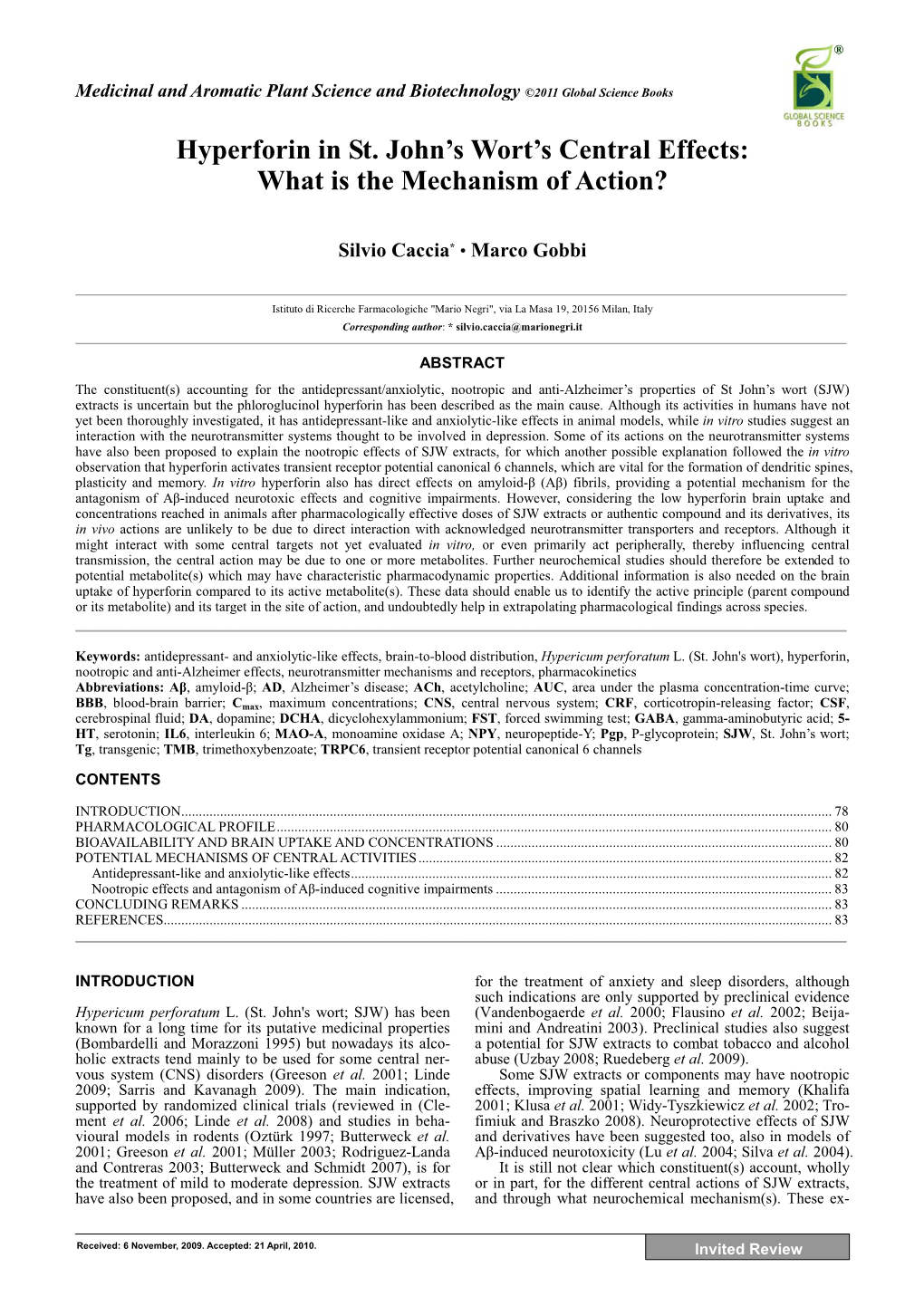 Hyperforin in St. John's Wort's Central Effects