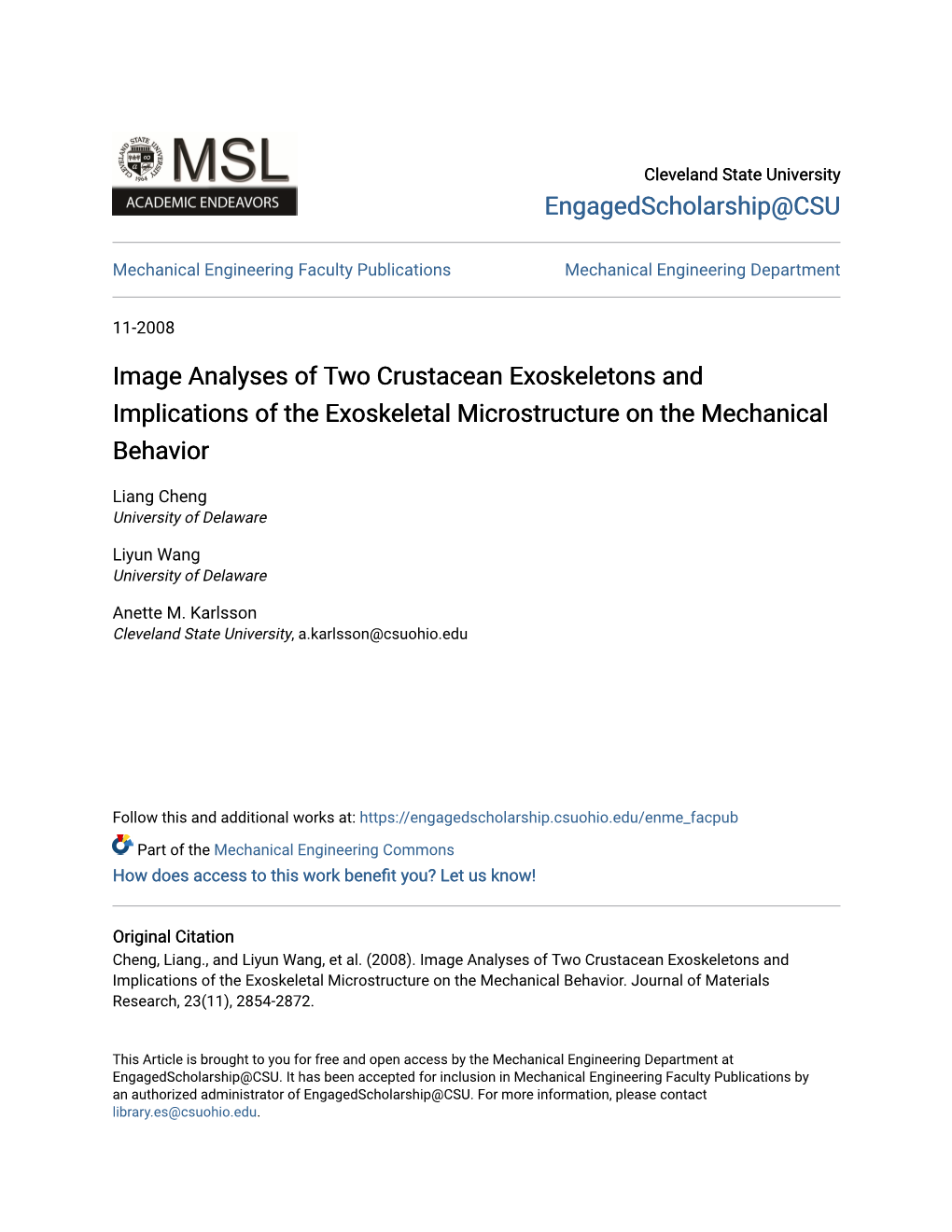 Image Analyses of Two Crustacean Exoskeletons and Implications of the Exoskeletal Microstructure on the Mechanical Behavior