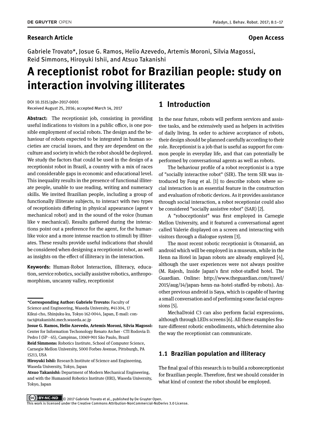 A Receptionist Robot for Brazilian People: Study on Interaction Involving Illiterates